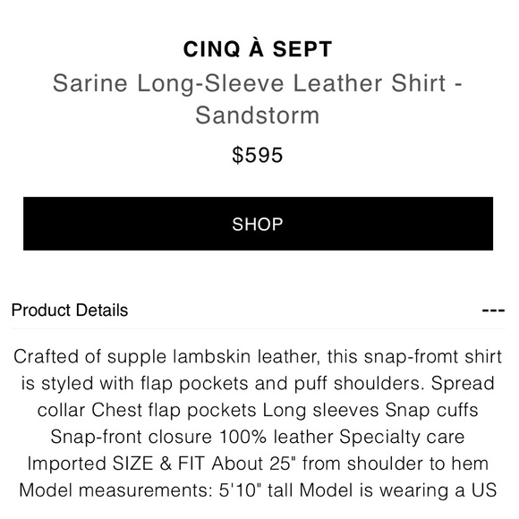 Cinq à Sept, Sarine Long-Sleeve Leather Shirt. New, never worn with tags. XS. - Picture 8 of 12